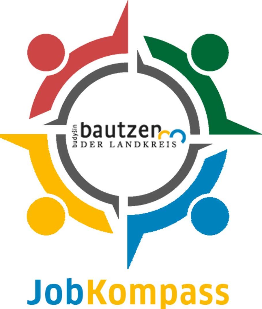 Logo von JobKompass, umgeben von vier stilisierten Menschen in verschiedenen Farben.