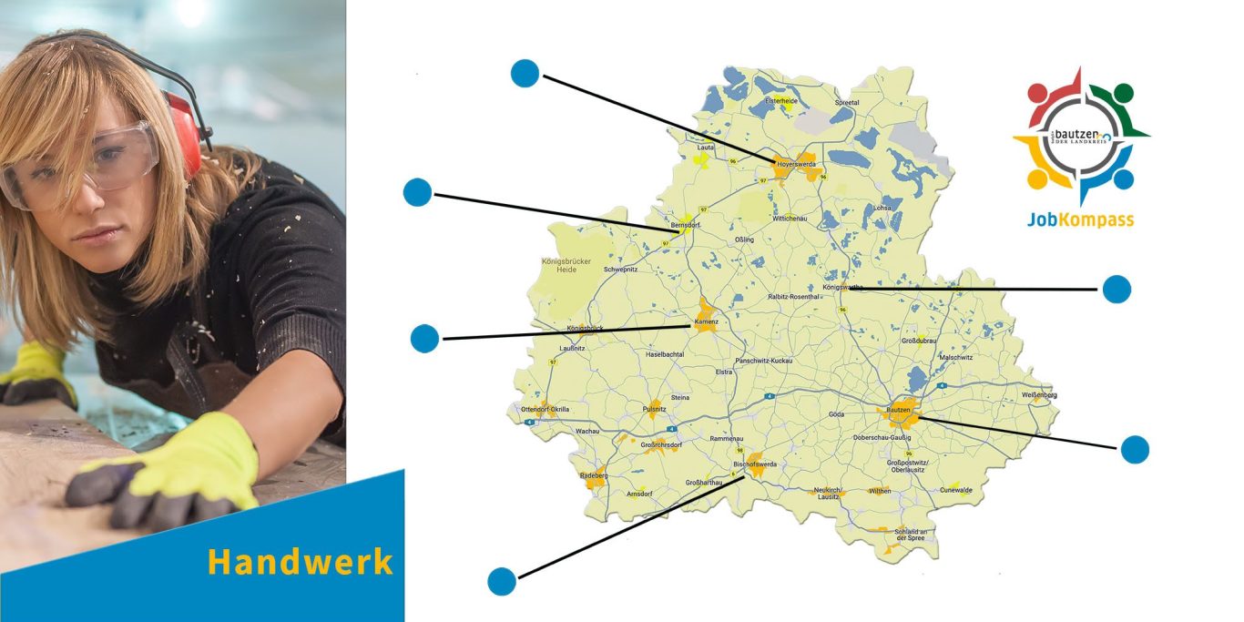 Karte vom Landkreis Bautzen mit markierten Orten für die Jobs im Handwerk.