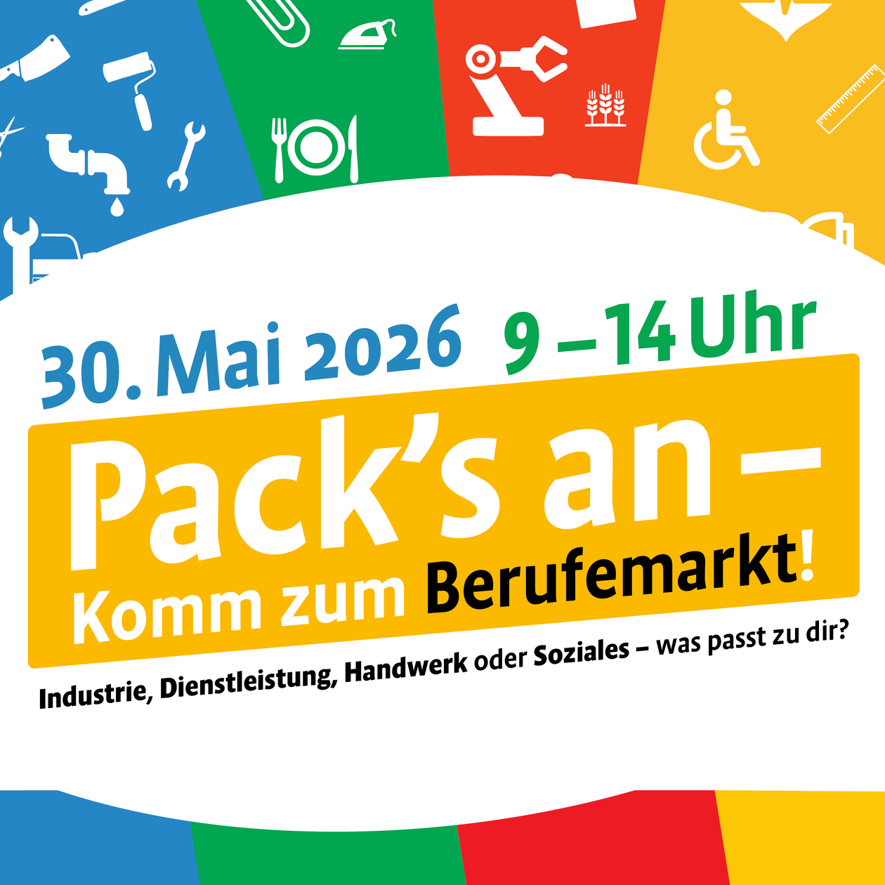 Berufemarktplakat mit Datum, Uhrzeit und Hinweis auf verschiedene Branchen.