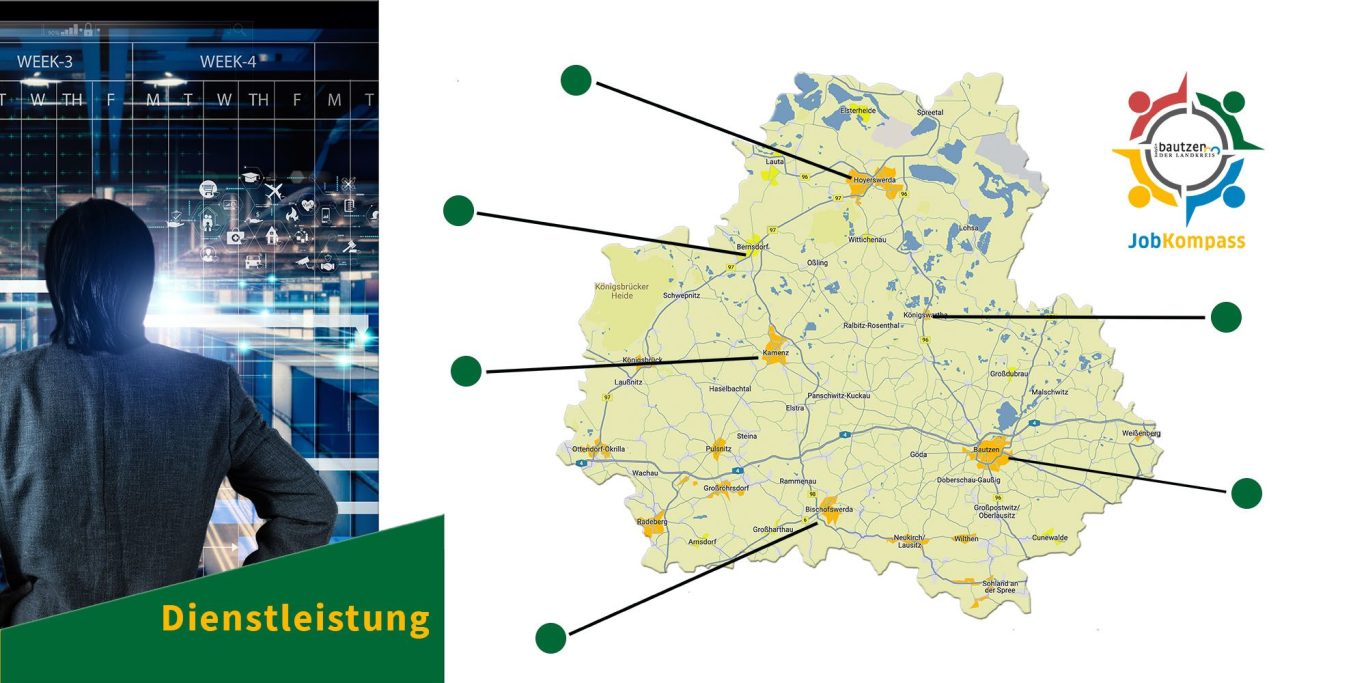 Karte vom Landkreis Bautzen mit markierten Regionen für die Jobs in der Dienstleistung.