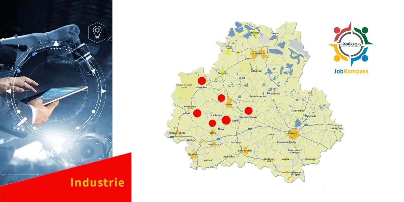 Karte vom Landkreis Bautzen mit markierten Standorten von Unternehmen in der Region Kamenz